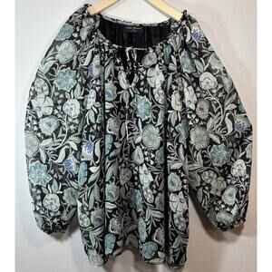 Lane Bryant Lurex Ruffle Detail Floral V-Neck Blouse Sz 26/28 Sheer Chiffon